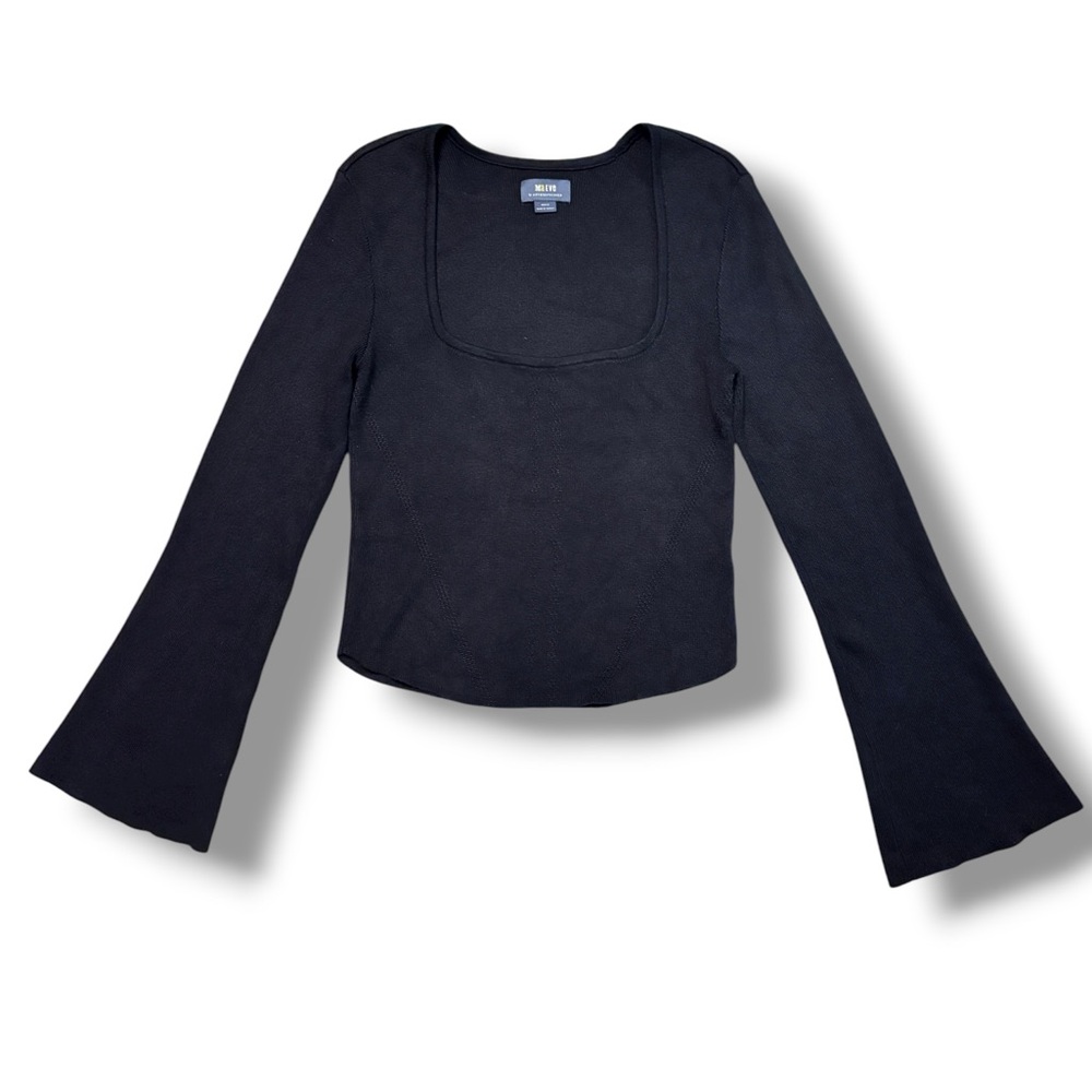 MAEVE x ANTHROPOLOGIE Black Square Neck Bell Sleeve Sweater Size Medium - Picture 9 of 10